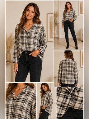 Sanctuary Boyfriend Plaid Button-Down Shirt | Black & Cream Relaxed Fit Rayon